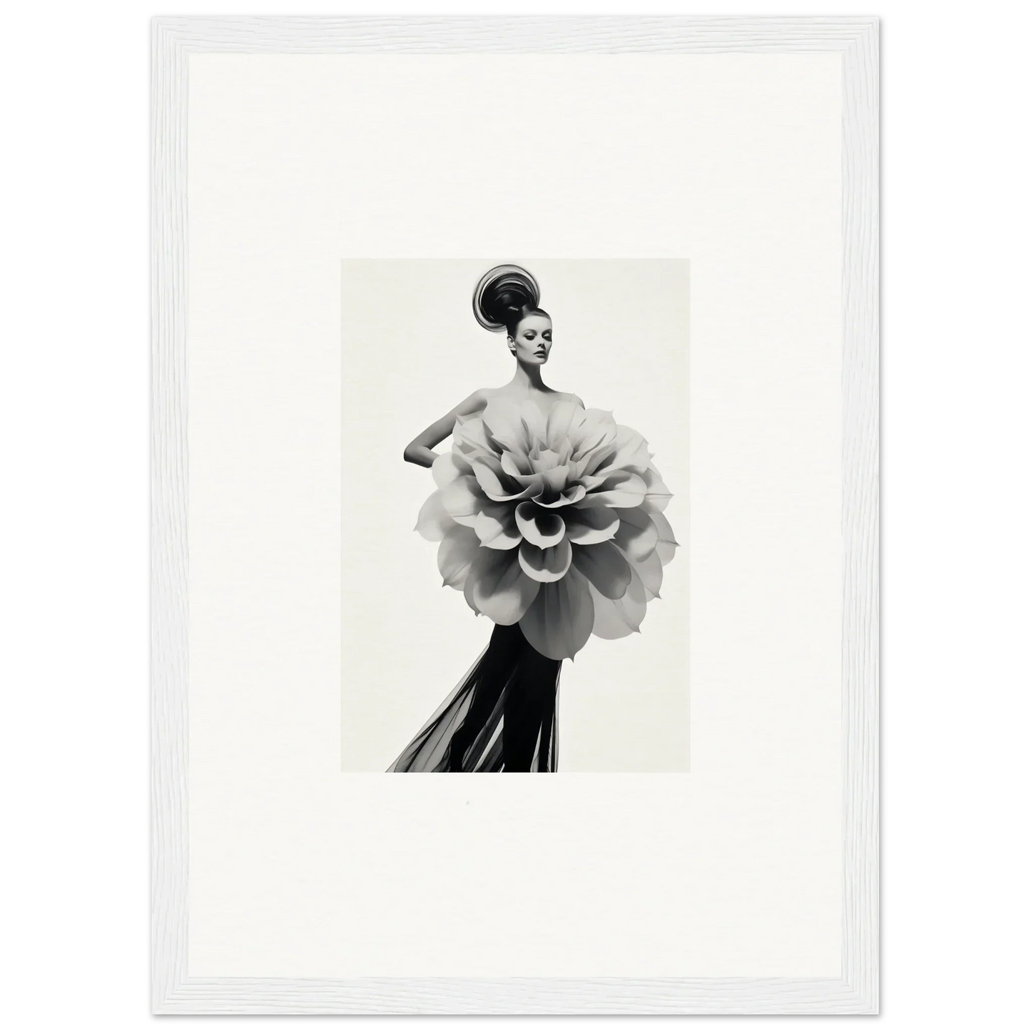 Black and white image of Phantom Bloom Flourish with a dramatic flower-shaped bodice