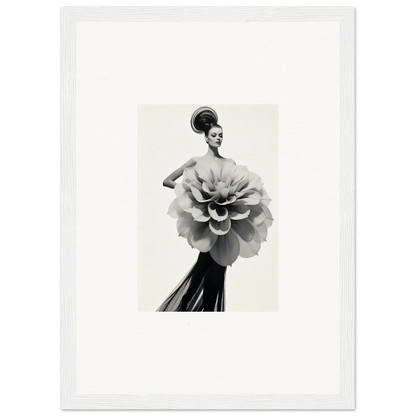 Black and white image of Phantom Bloom Flourish with a dramatic flower-shaped bodice