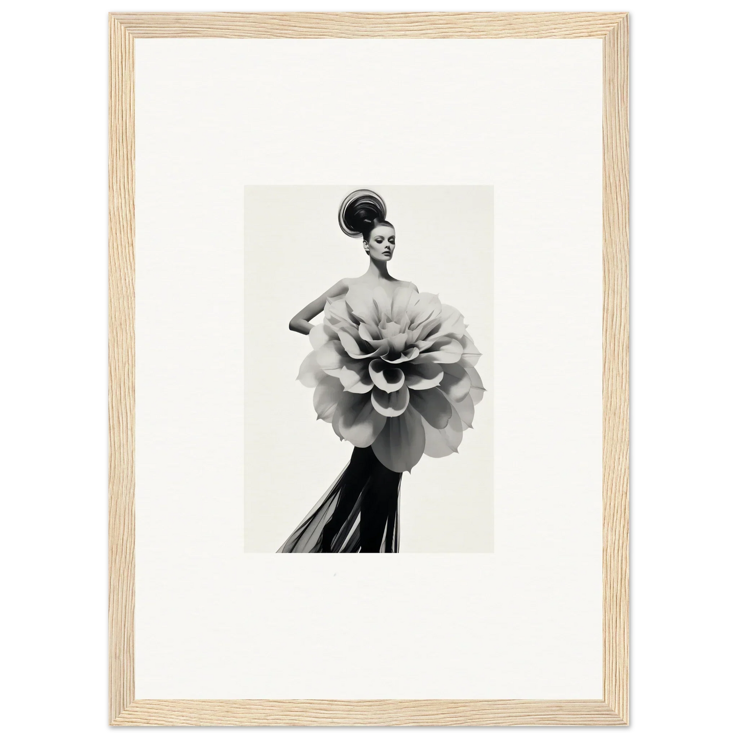 Black and white photo of a figure in Phantom Bloom Flourish flower-shaped garment art