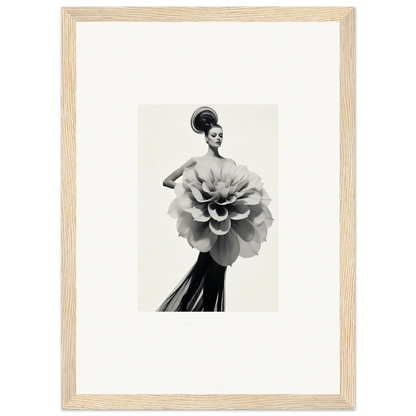 Black and white photo of a figure in Phantom Bloom Flourish flower-shaped garment art