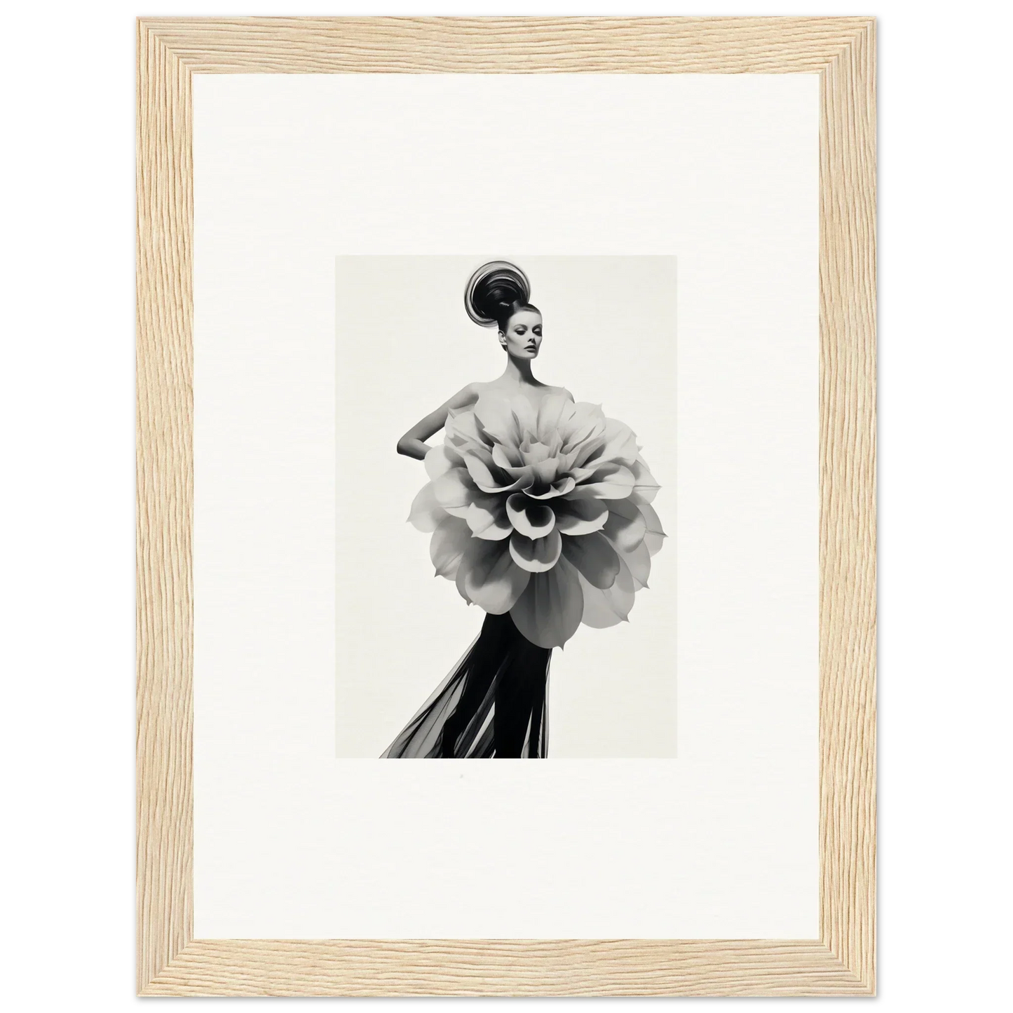 Black and white photo of an elegant dress like a flower from Phantom Bloom Flourish