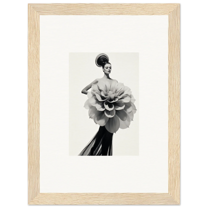 Black and white photo of an elegant dress like a flower from Phantom Bloom Flourish