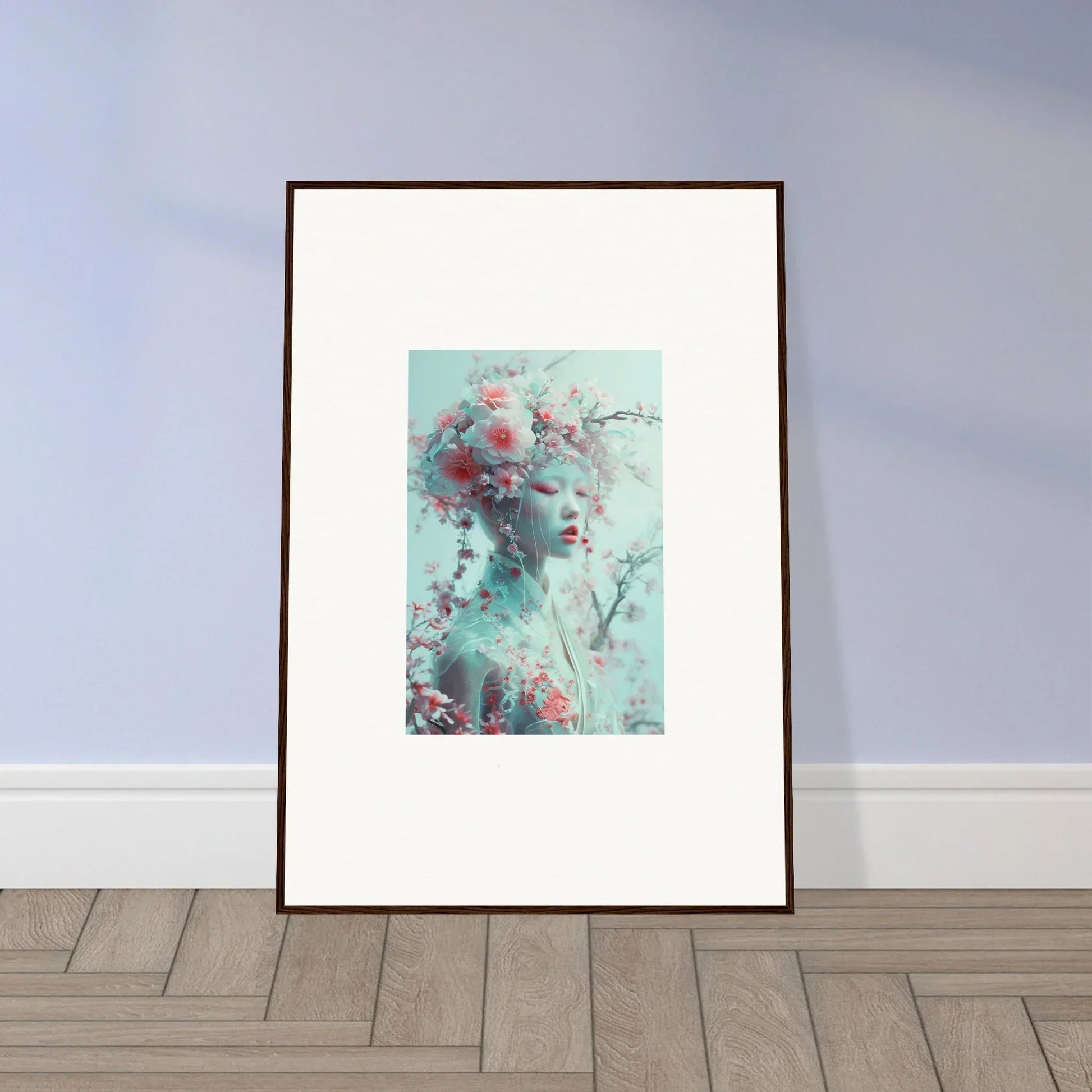 Framed wall art of Phantom Blossom Reverie in soft teal and red tones for room decor