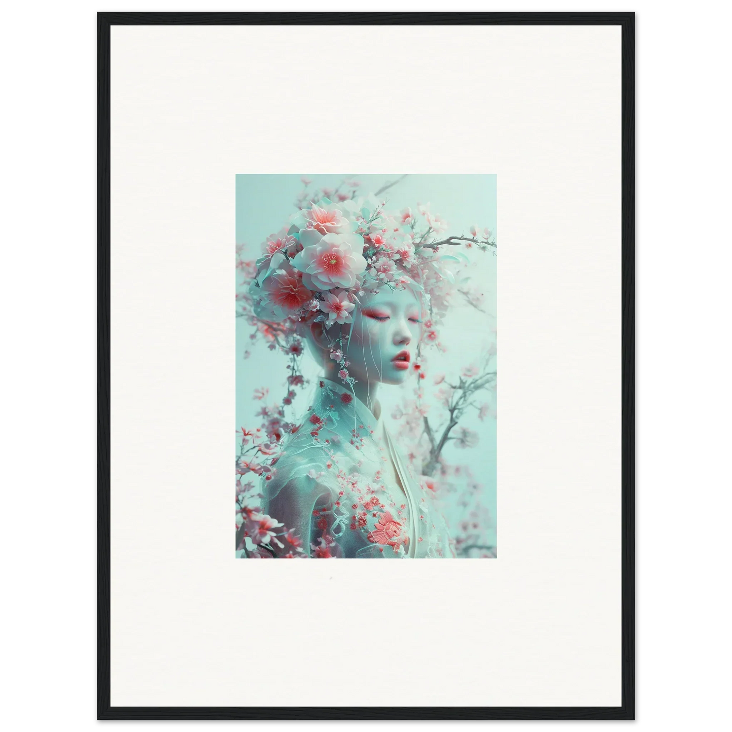 Framed wall art of a feminine figure with blossoms for elegant room decor