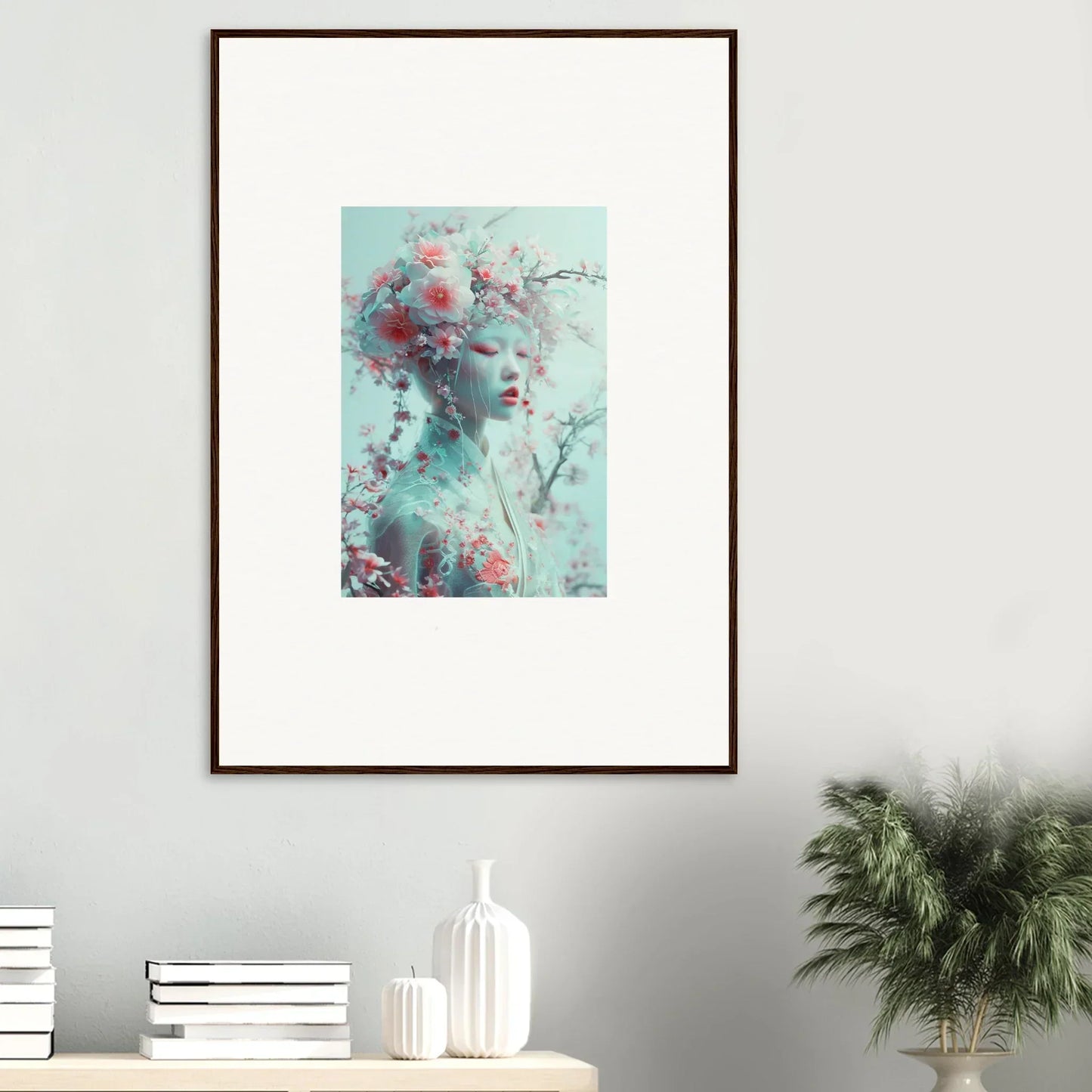 Framed wall art of pastel portrait with floral elements for blossom reverie room decor