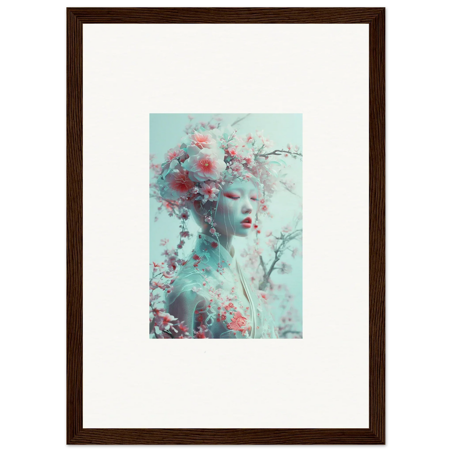 Framed wall art of an ethereal feminine figure in pastel hues for Blossom Reverie room decor