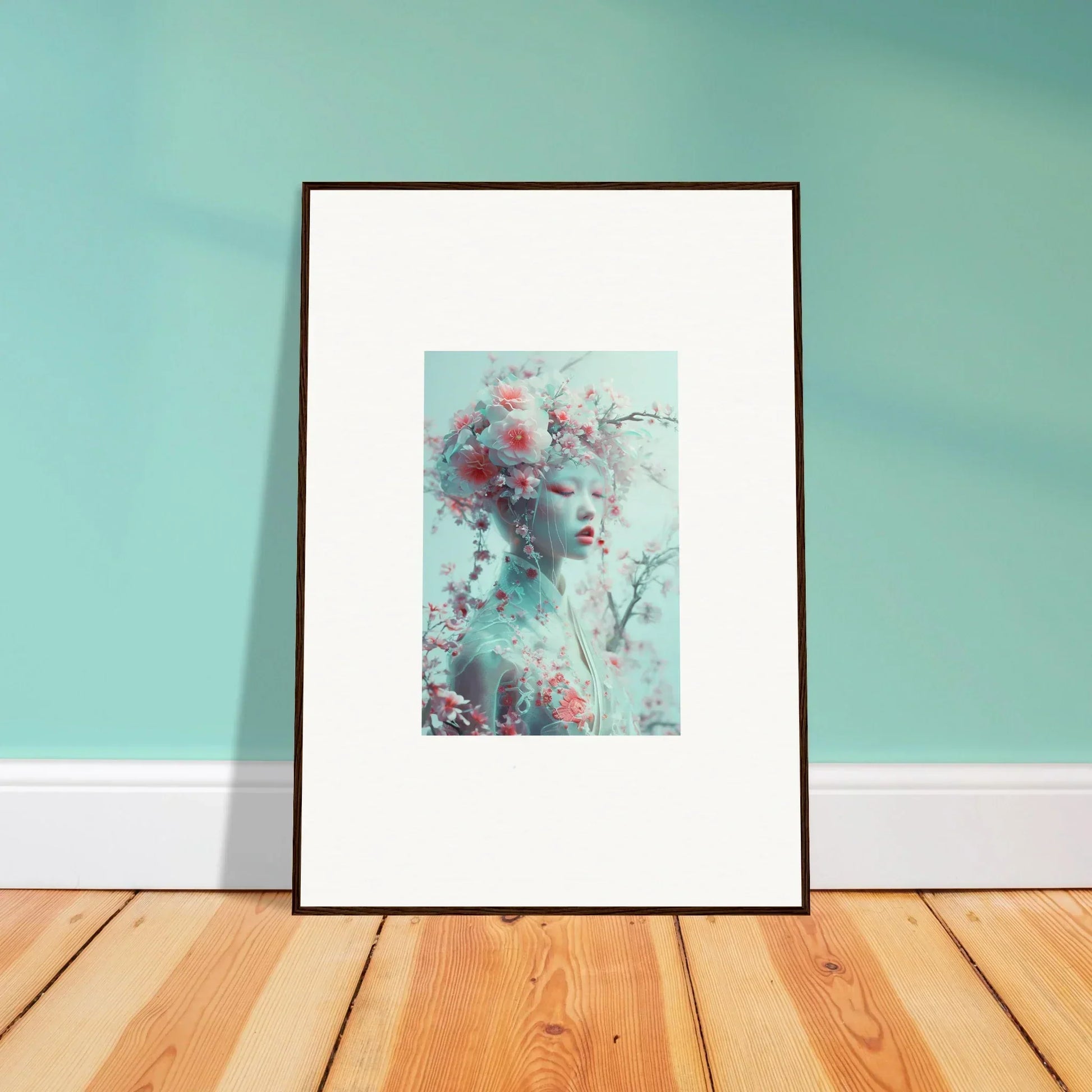 Framed wall art featuring abstract floral design in teal and red for stylish room decor