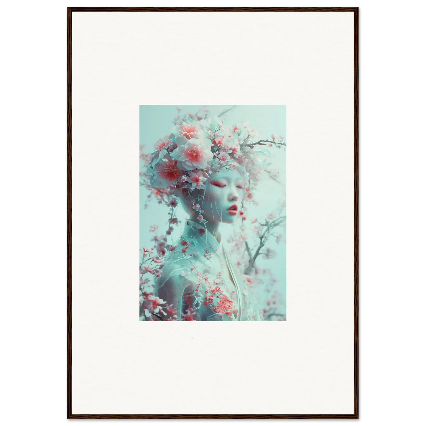 Framed wall art of an ethereal figure with floral elements for Blossom Reverie room decor