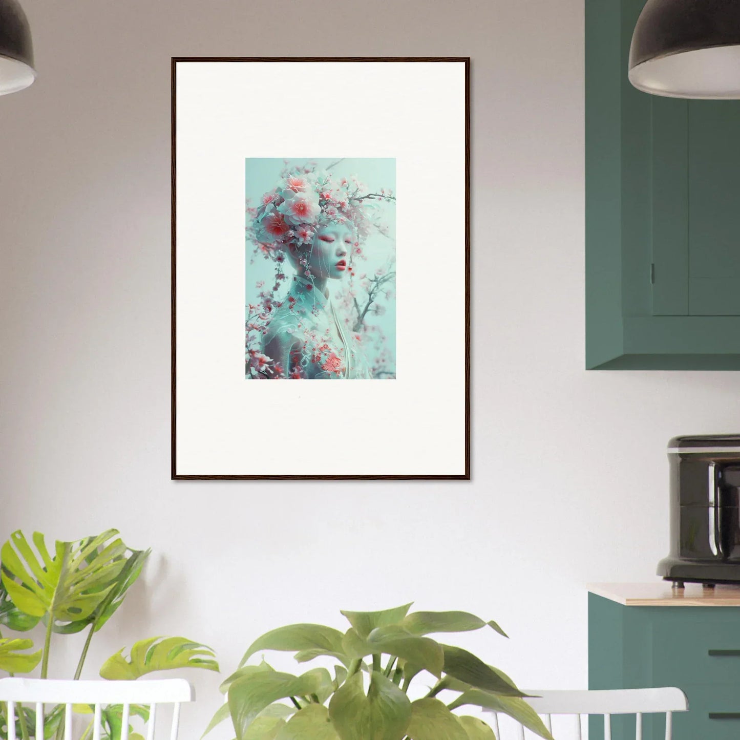 Framed wall art of Phantom Blossom Reverie with dreamy teal and pink tones for room decor