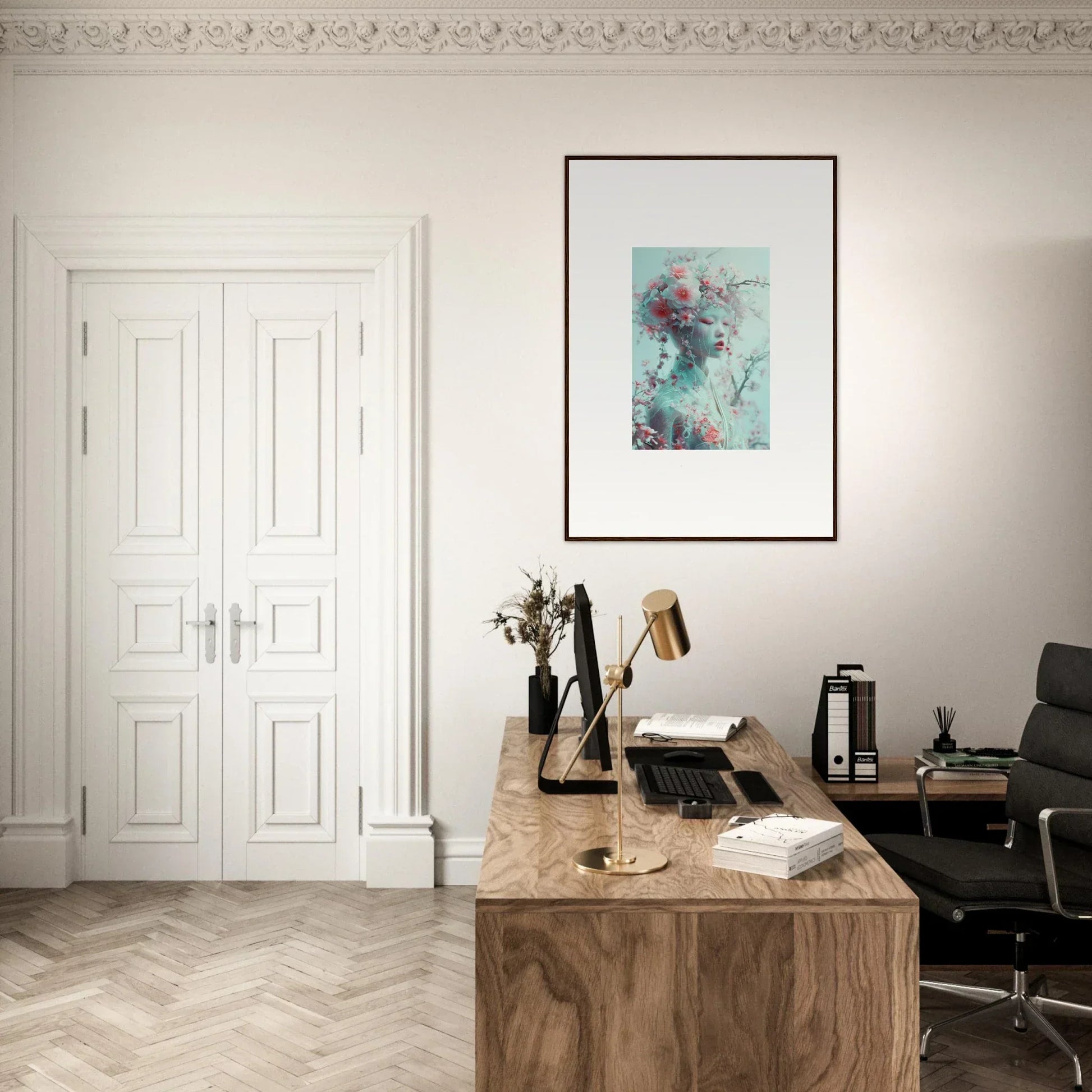 Wooden desk with typewriter and books in a minimalist workspace for Blossom Reverie room decor