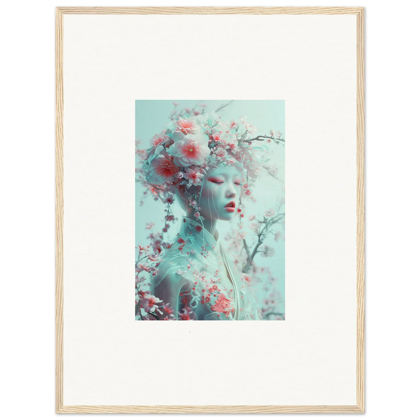 Framed wall art of an ethereal feminine figure in pastel for Blossom Reverie room decor