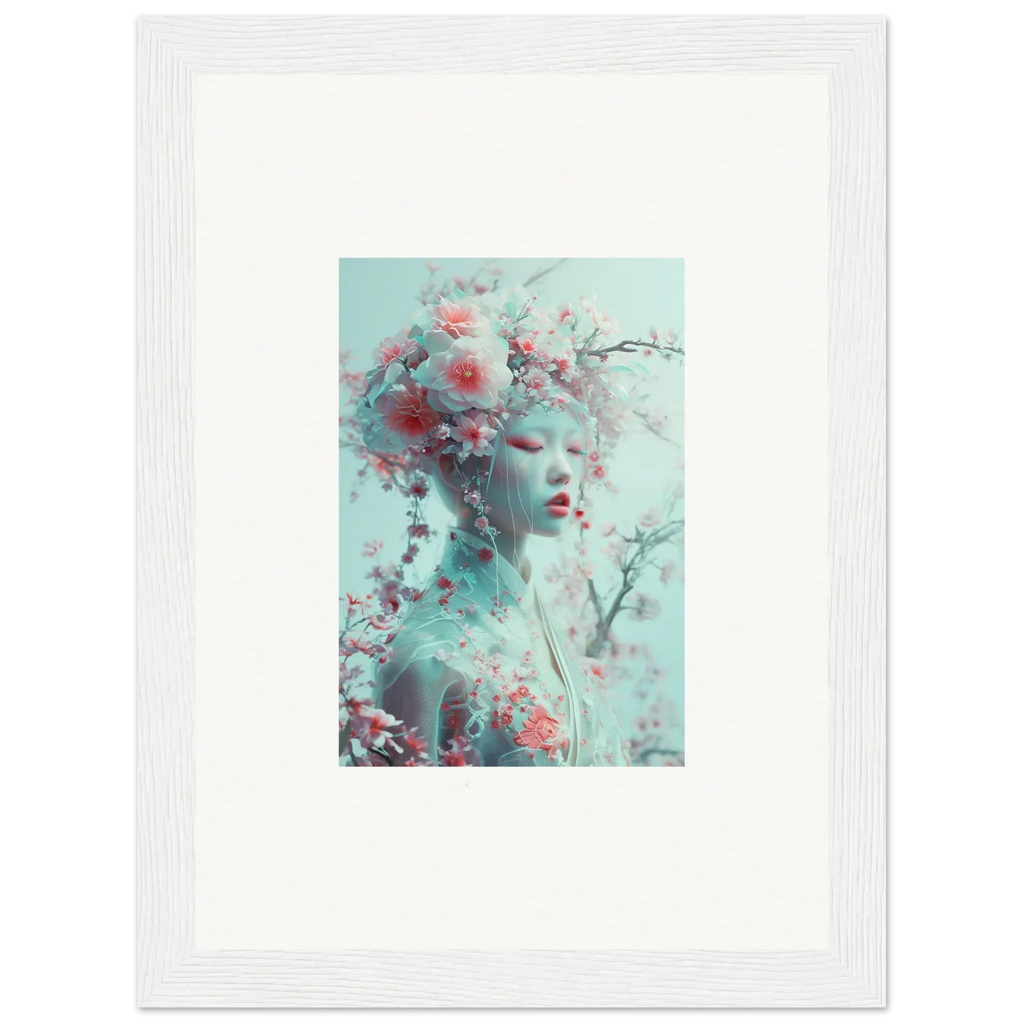 Framed wall art of Phantom Blossom Reverie with ethereal floral figure in soft pastels