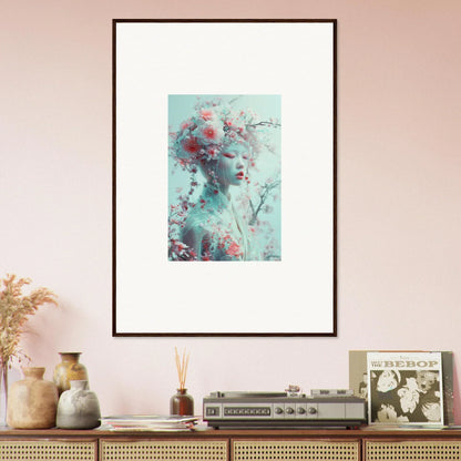 Framed wall art of an ethereal figure in blossom reverie with floral accents