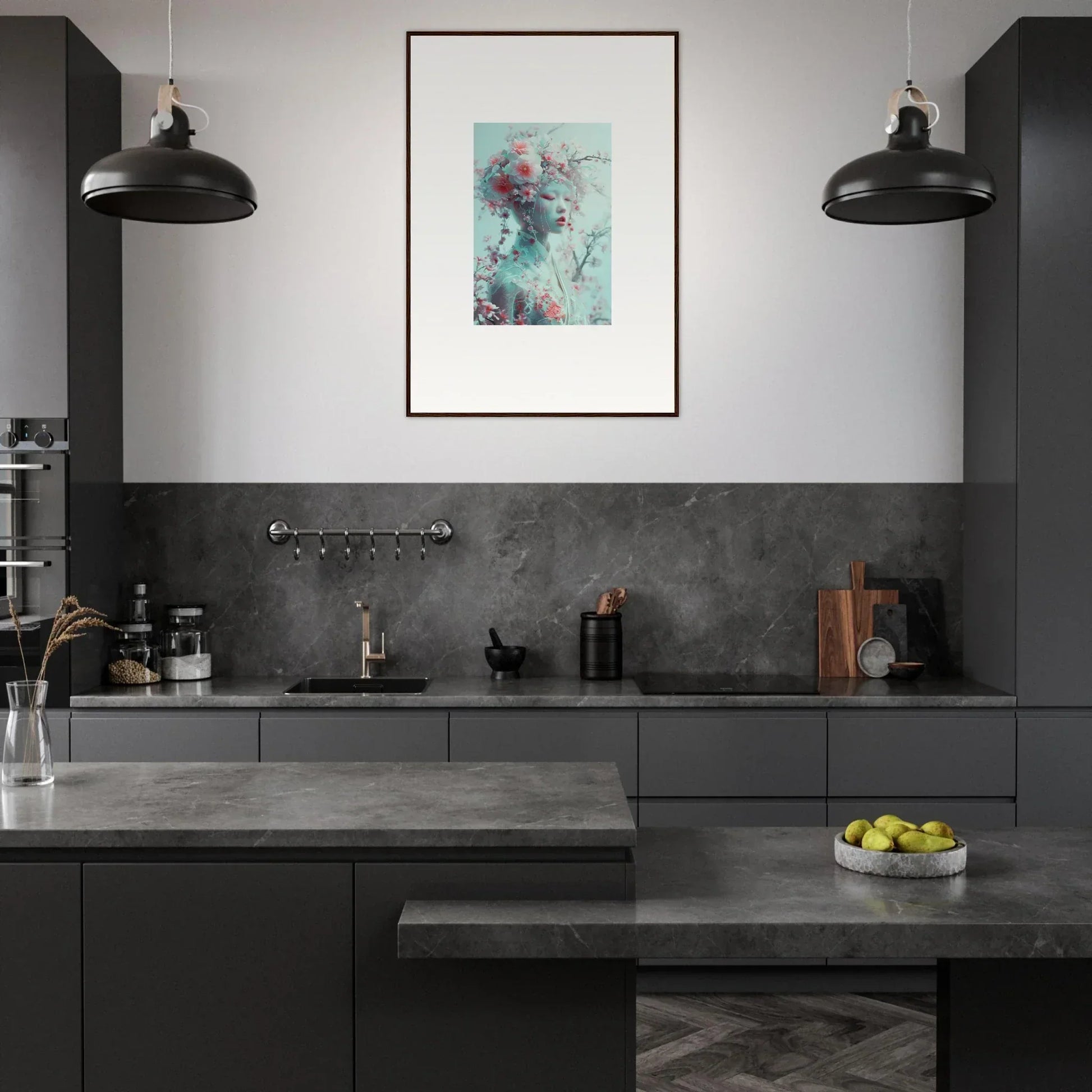 Modern kitchen with dark cabinetry and framed wall art, featuring Blossom Reverie design