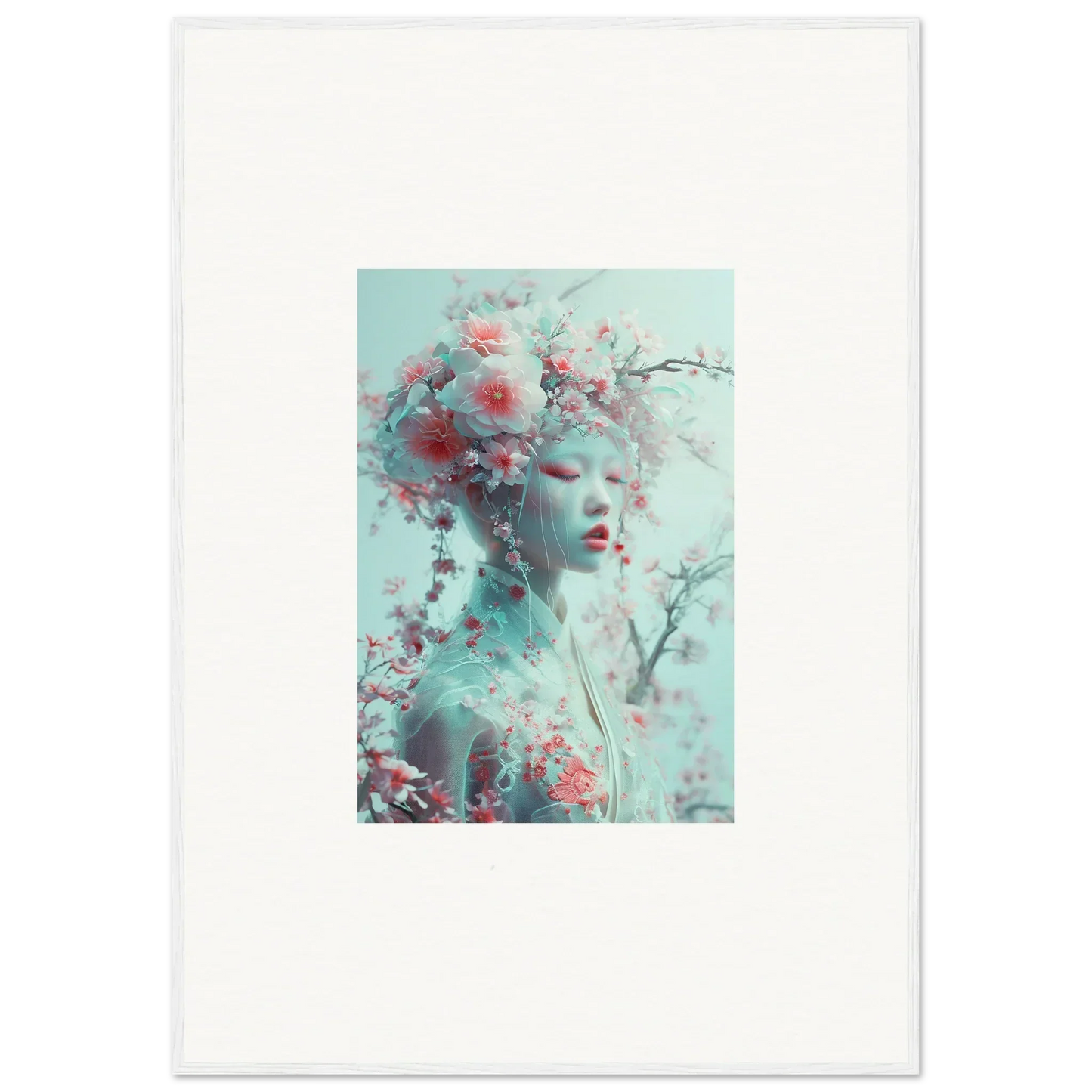 Ethereal portrait with floral elements for Blossom Reverie room decor or framed wall art