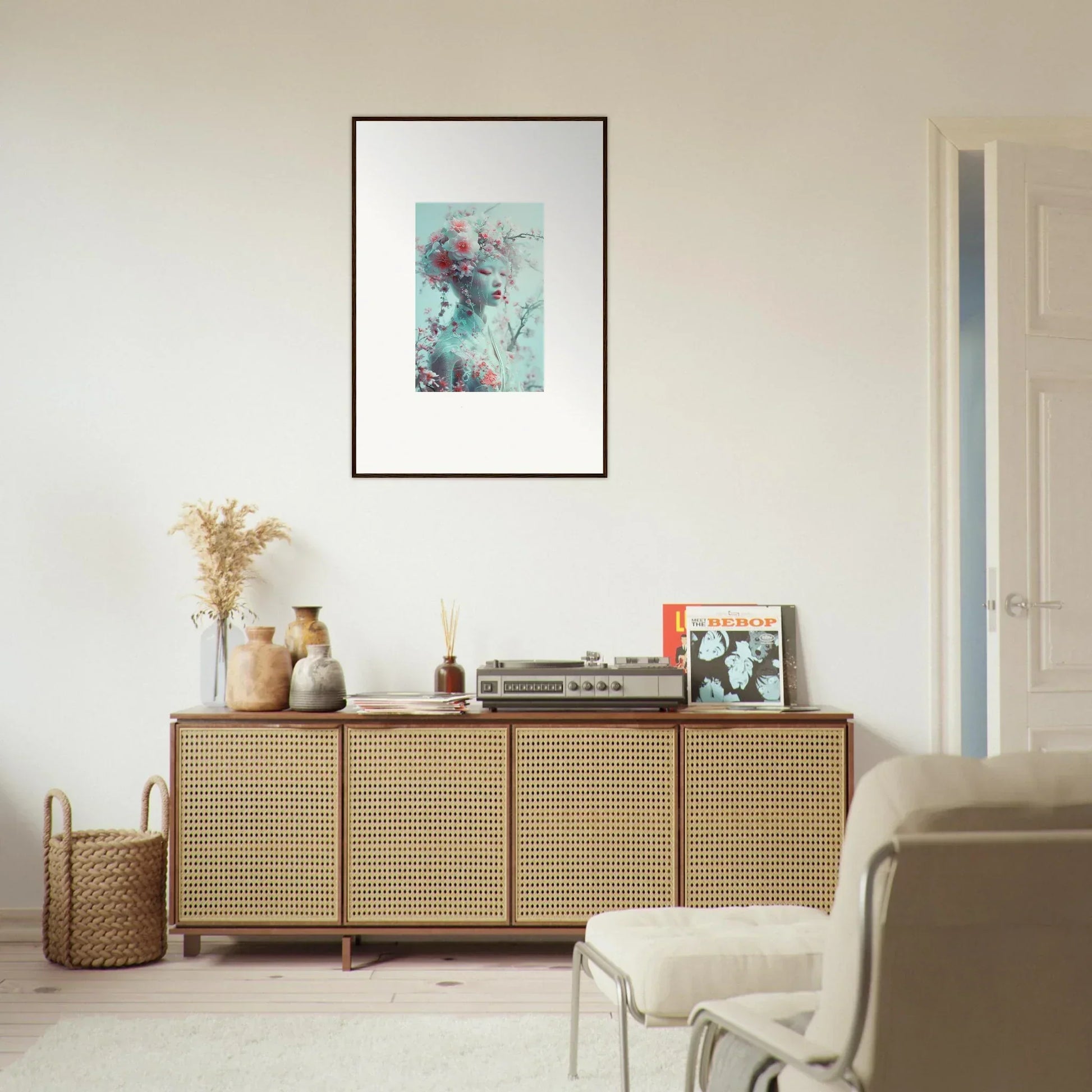 Wooden sideboard with cane-webbed doors, enhancing Blossom Reverie room decor