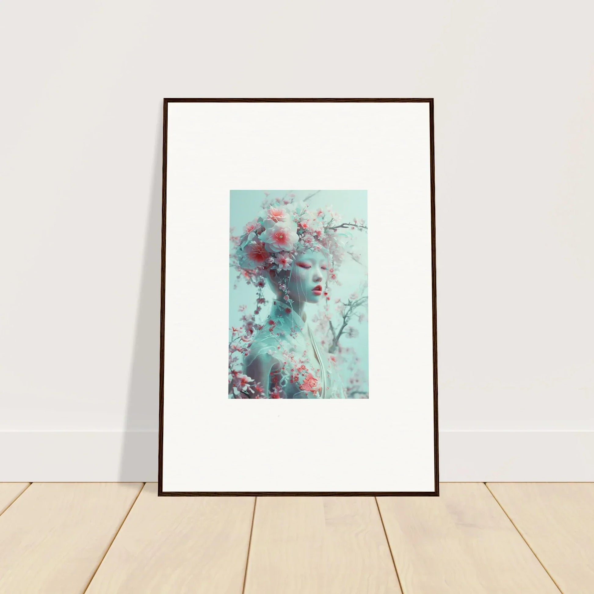 Framed wall art featuring a soft teal and red blossom reverie portrait for room decor