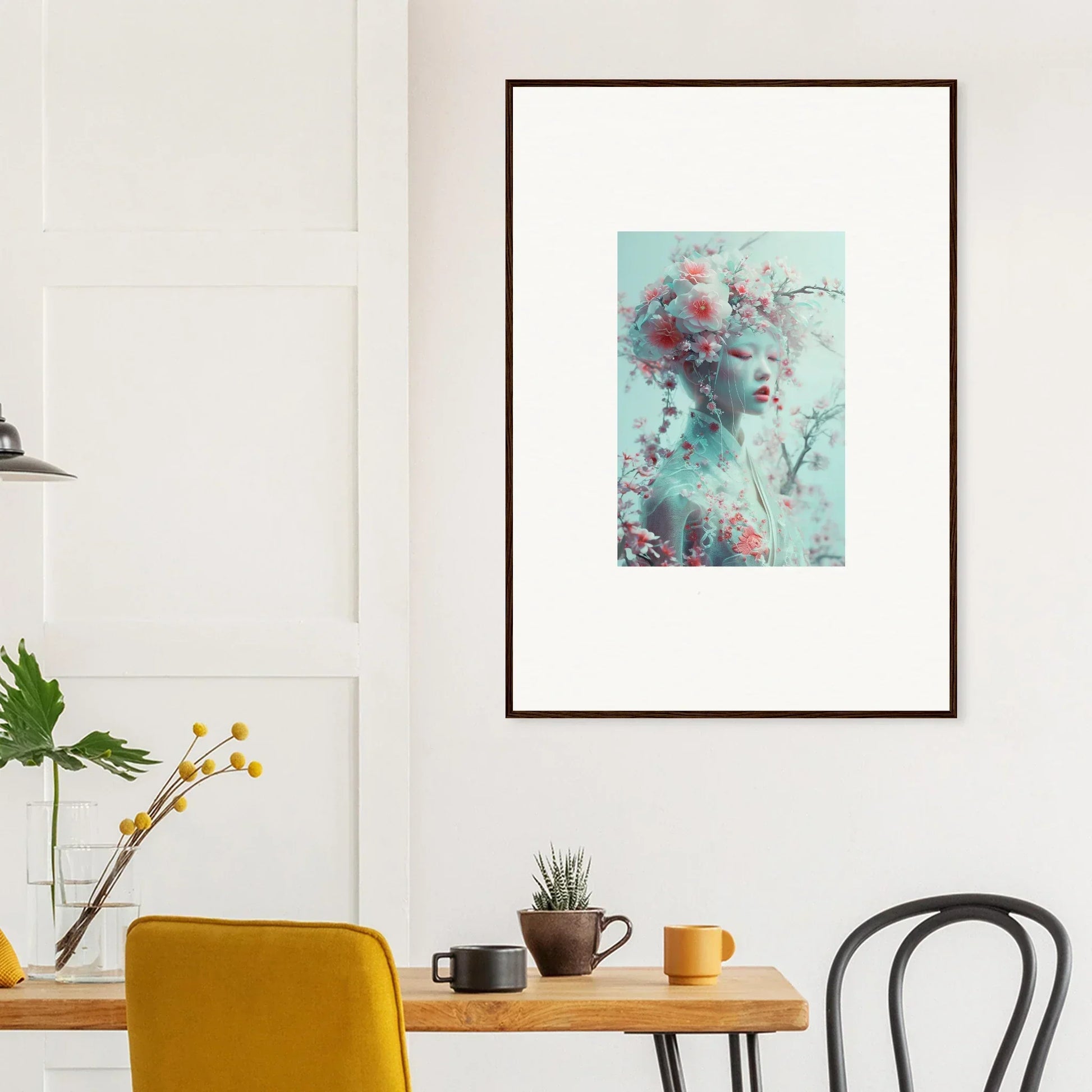 Framed wall art featuring Blossom Reverie in soft blue and pink tones for room decor