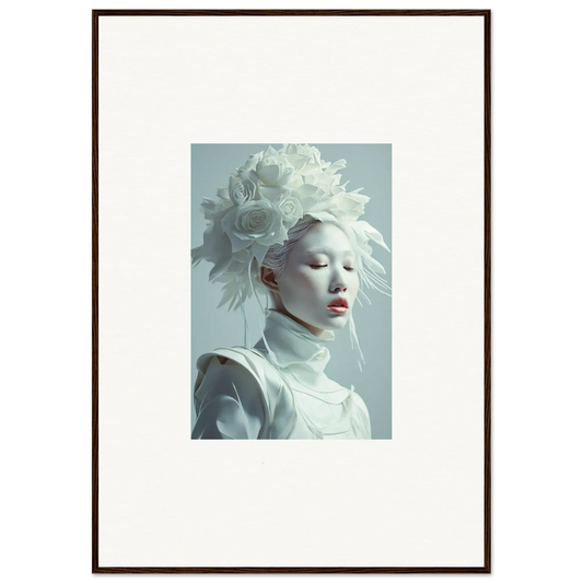 Framed portrait of a person with pale skin in a feathered headdress for room decoration