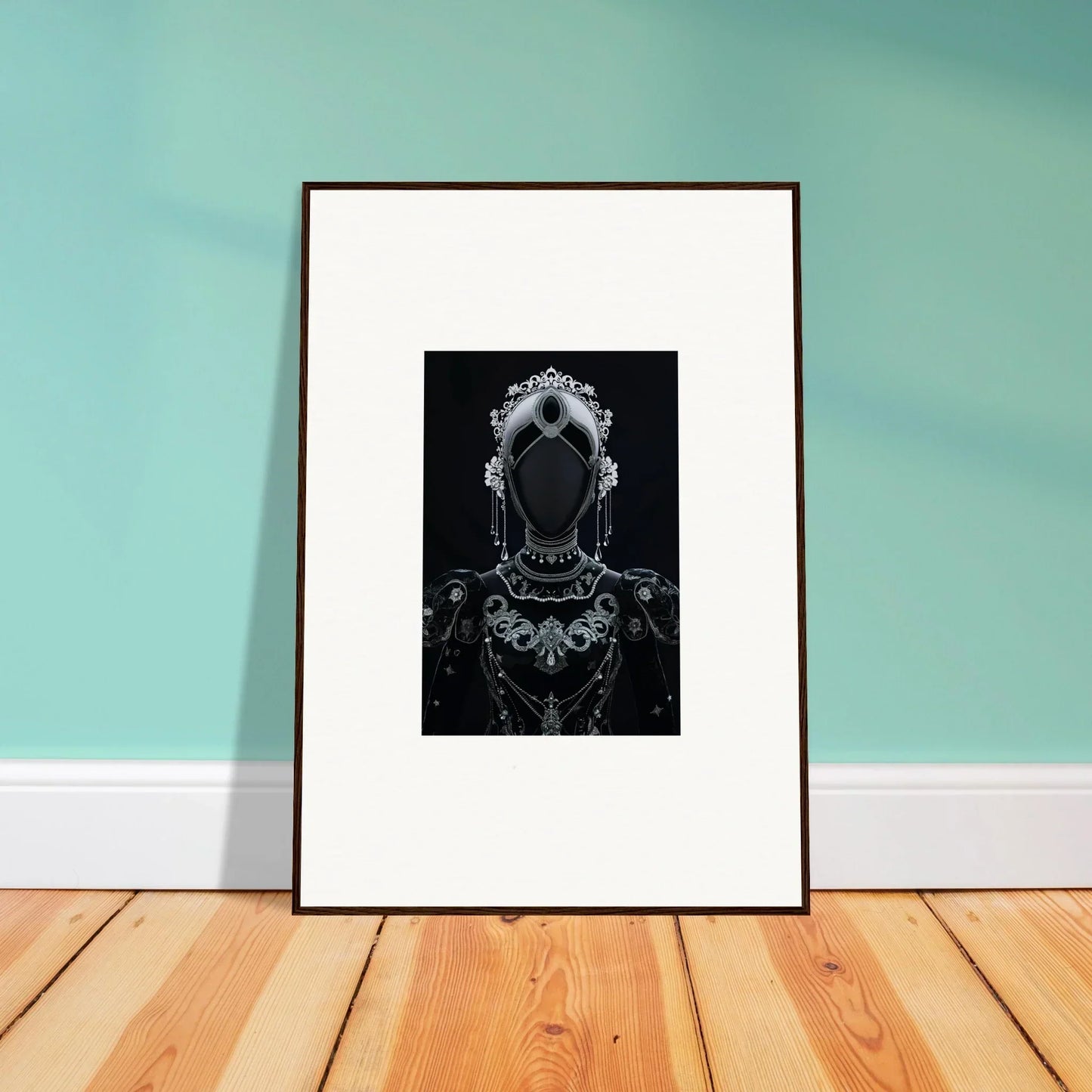 Framed black and white artwork of an ornate skeletal figure for regal conduit room decor