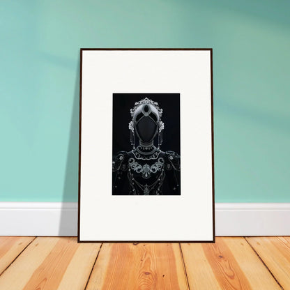 Framed black and white artwork of an ornate skeletal figure for regal conduit room decor