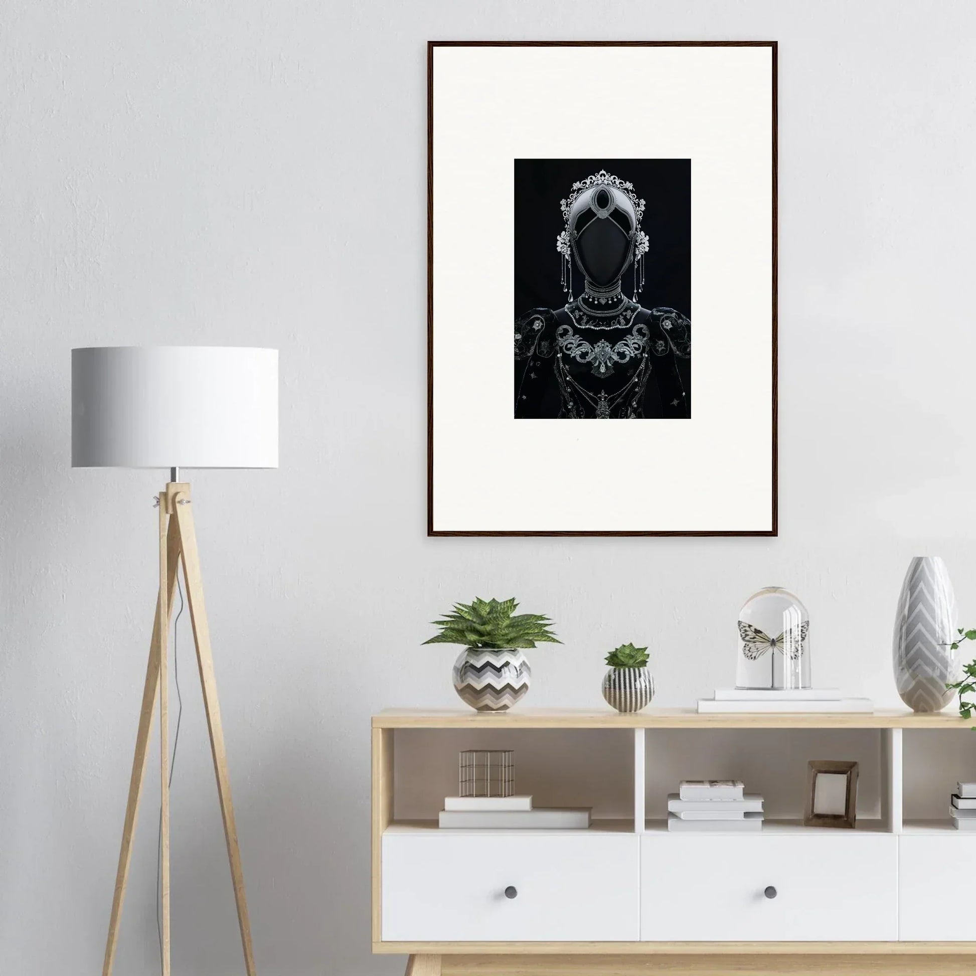 Framed black and white artwork of a shadowy figure for regal conduit room decor