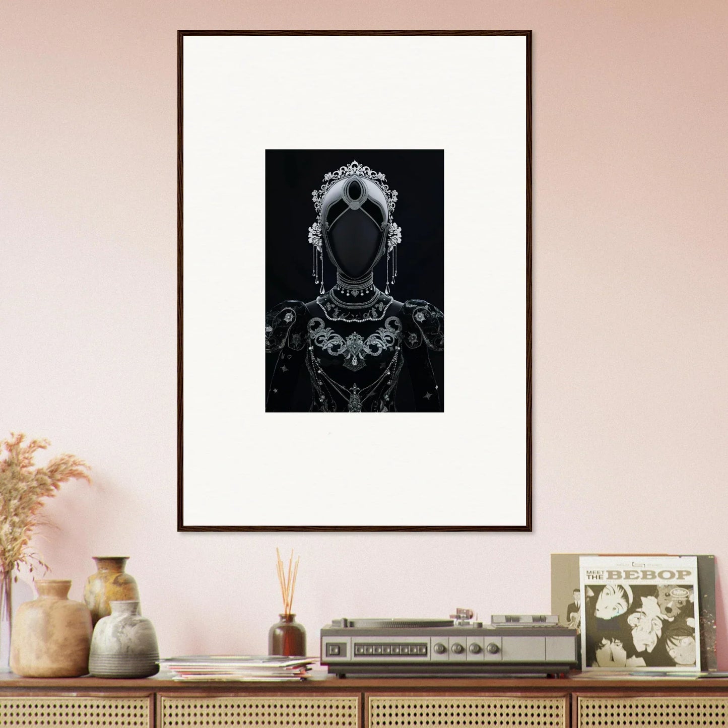 Framed wall art featuring an ornate empty mirror for regal conduit room decor