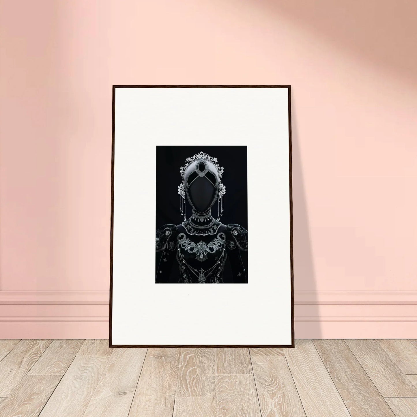 Framed black and white portrait of an ornate mirror for regal conduit room decor