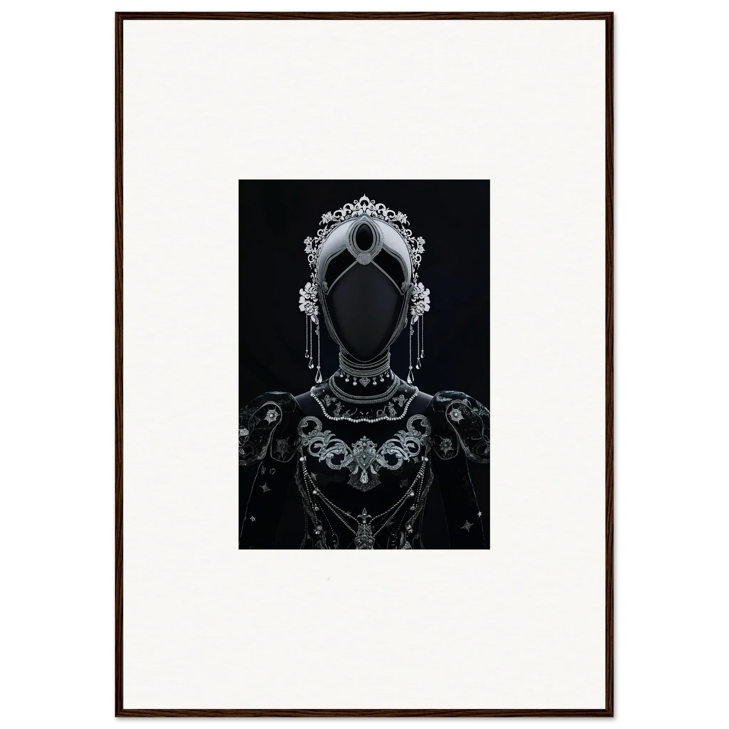 Ornate silver headdress with floral designs for regal conduit room decor and framed wall art