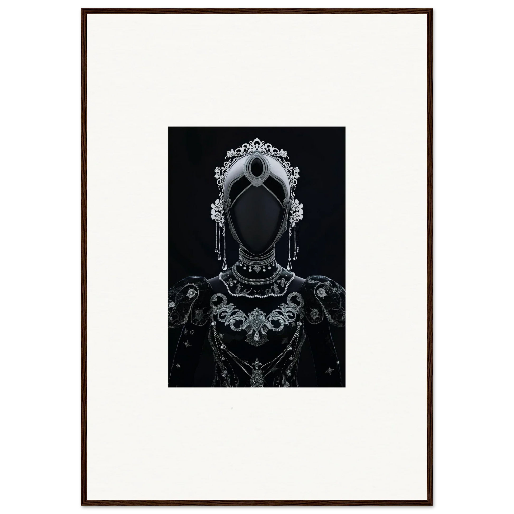 Ornate silver headdress with floral designs for regal conduit room decor and framed wall art