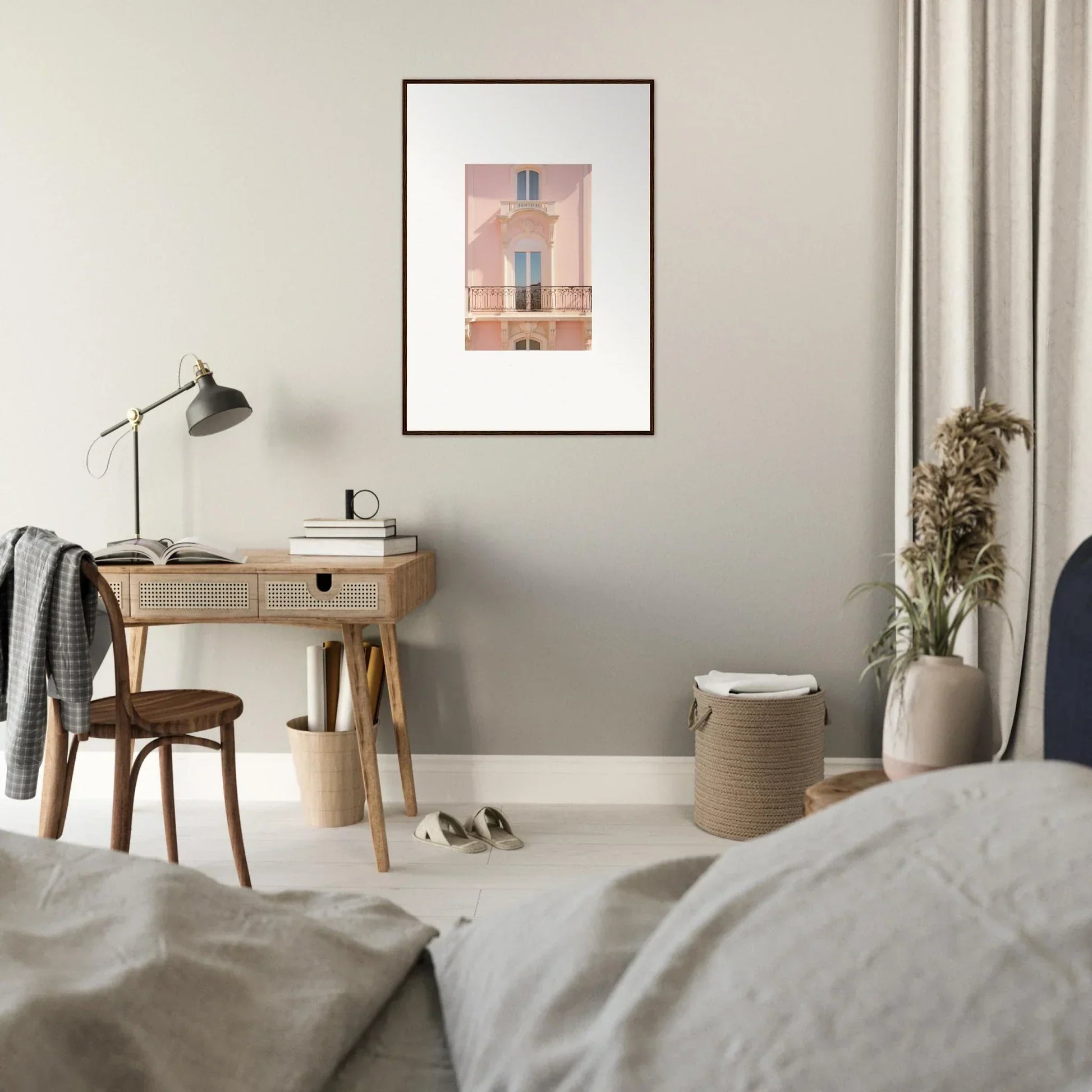 Wooden desk with rattan drawer and metal lamp from Pink Echoed Dream collection