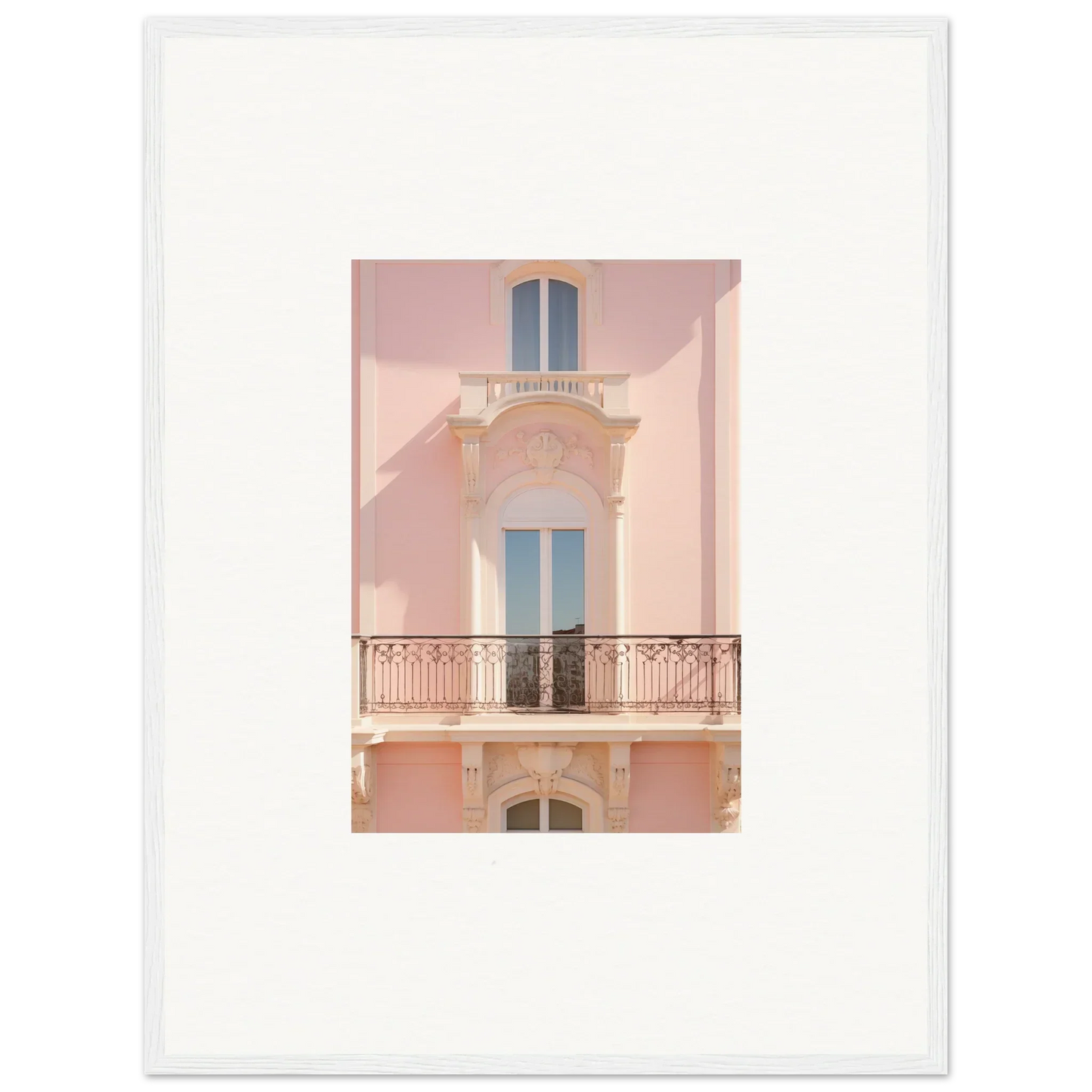 Pink Mediterranean-style building with ornate balcony in Pink Echoed Dream framed wall art