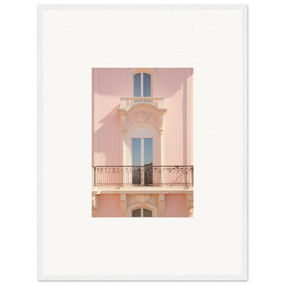 Pink Mediterranean-style building with ornate balcony in Pink Echoed Dream framed wall art