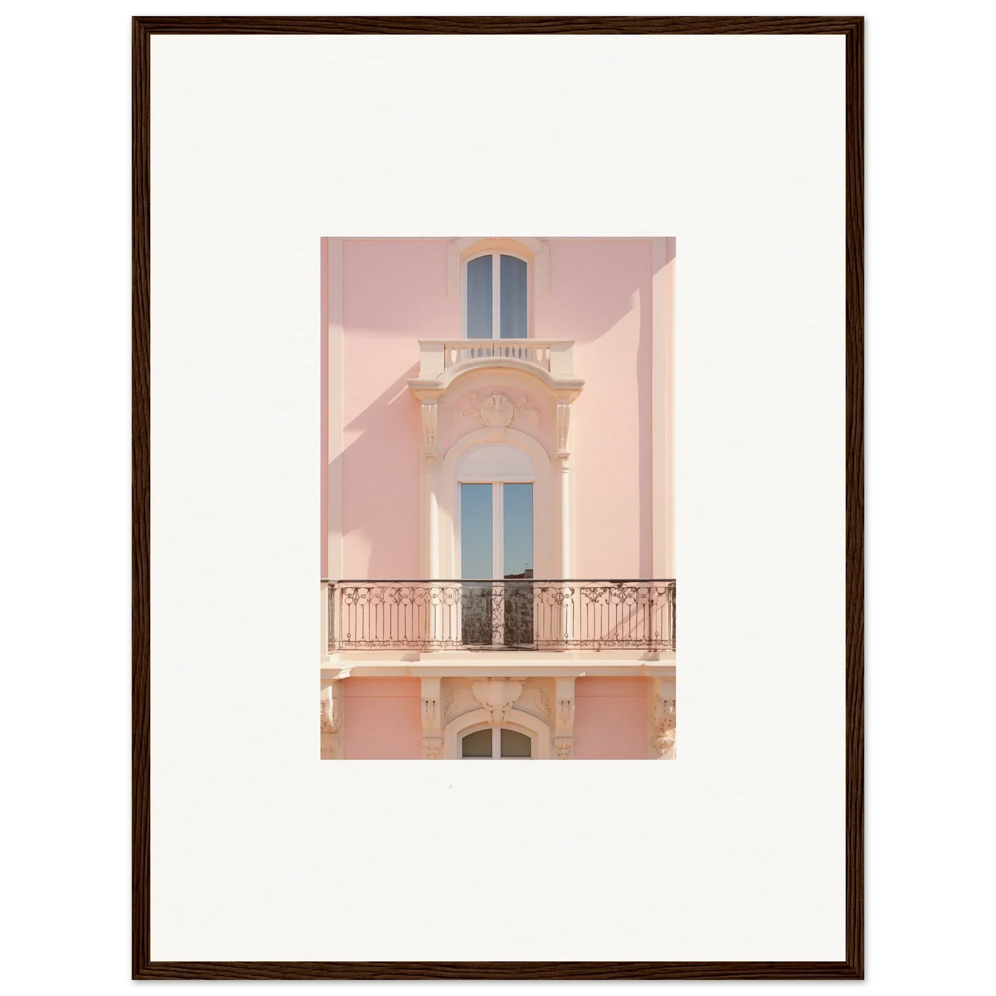 Pink Mediterranean-style building with ornate balcony in Pink Echoed Dream framed wall art