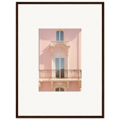 Pink Mediterranean-style building with ornate balcony in Pink Echoed Dream framed wall art