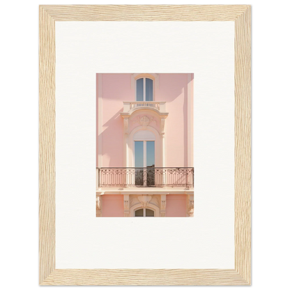 Pink building facade with ornate balcony and blue windows, perfect for Pink Echoed Dream