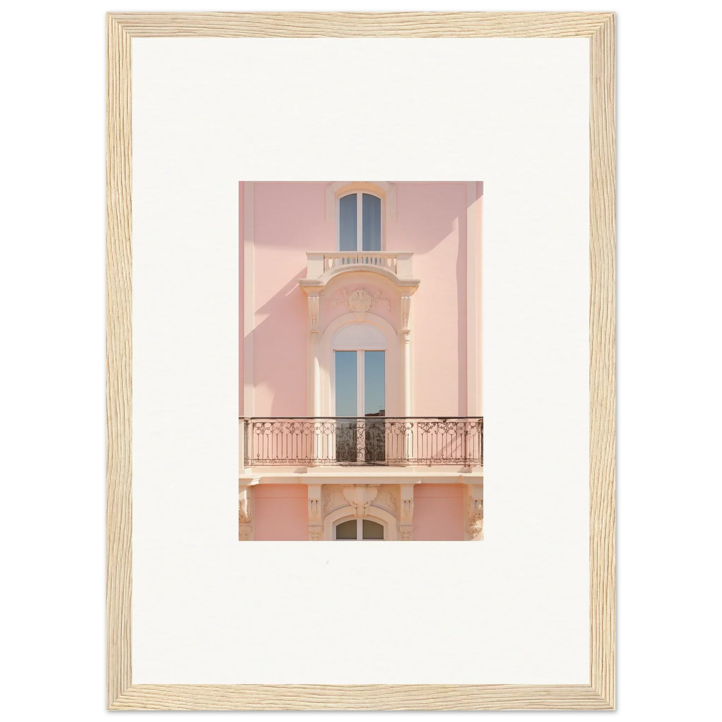 Framed wall art of a pink Mediterranean building facade for Pink Echoed Dream