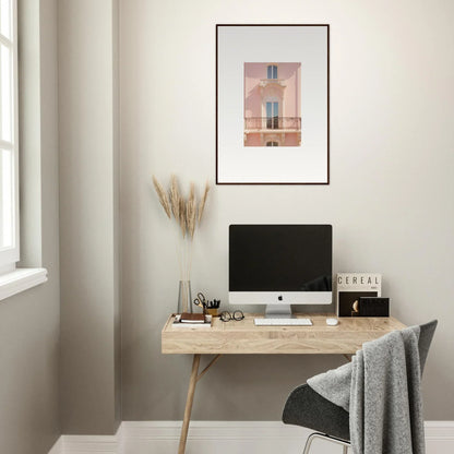 Minimalist wooden desk with iMac and Pink Echoed Dream framed wall art above it