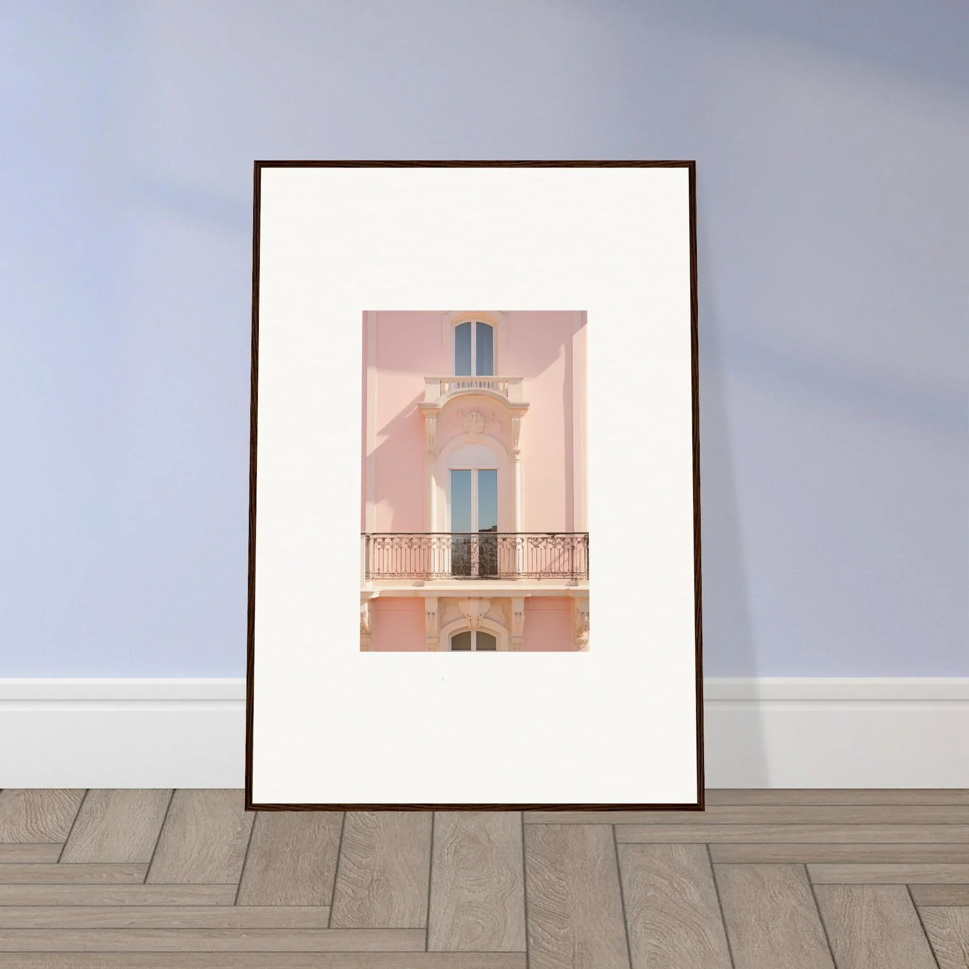 Framed wall art of a pink Mediterranean building in Pink Echoed Dream special edition