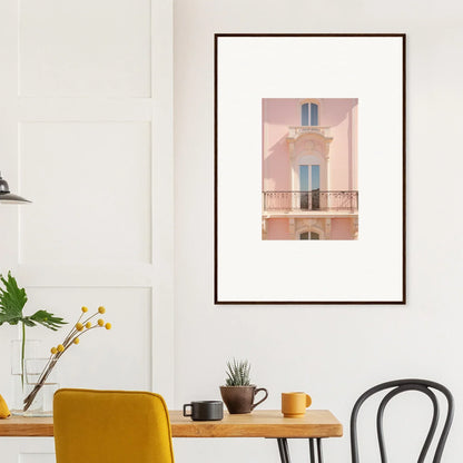 Framed wall art of a pink echoed dream building facade with blue shutters and balcony