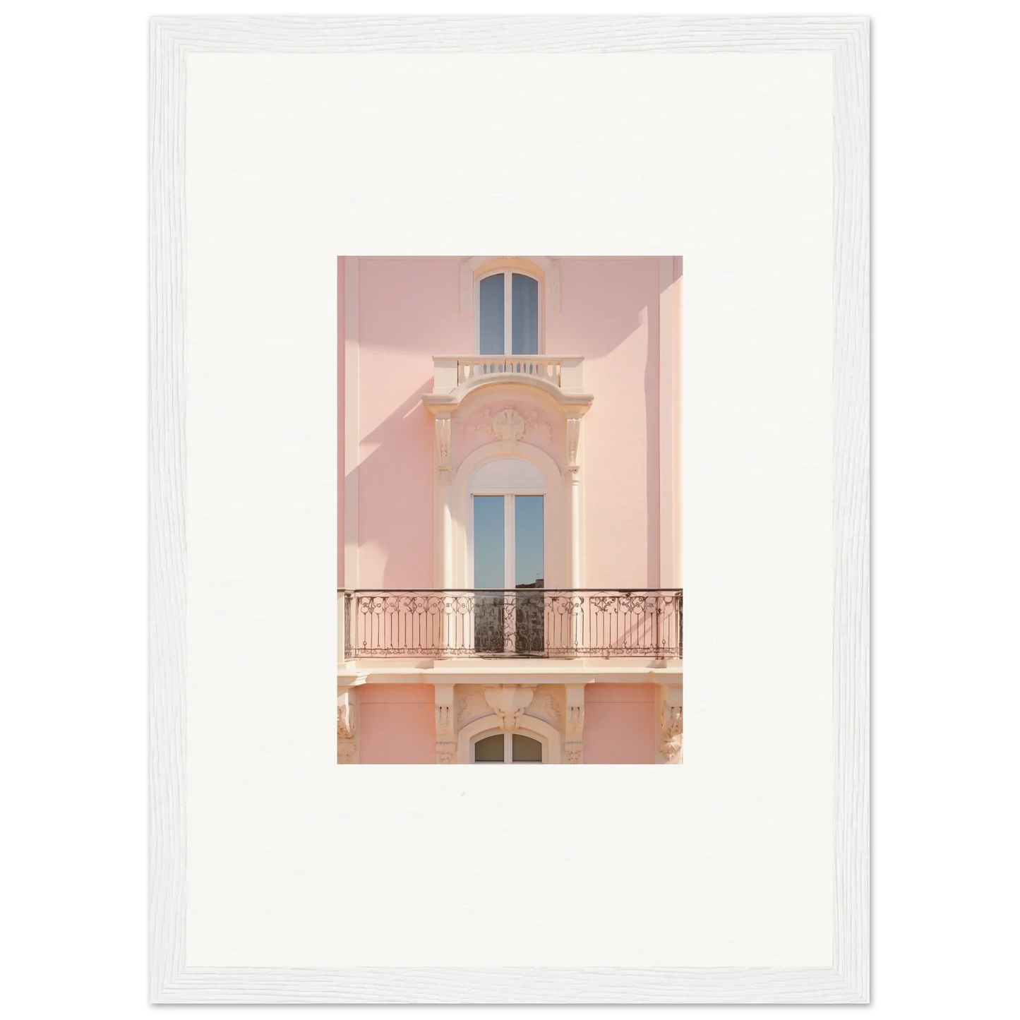 Pink Mediterranean-style building with blue windows, perfect for Pink Echoed Dream art