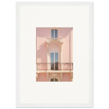 Pink Mediterranean-style building with blue windows, perfect for Pink Echoed Dream art