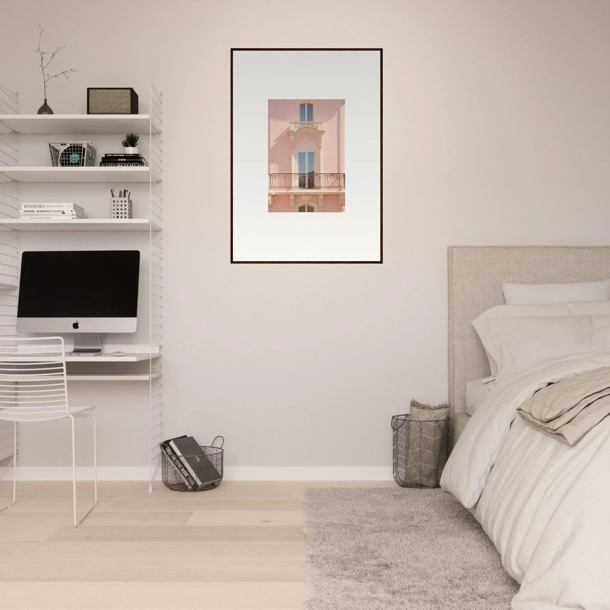 Minimalist bedroom featuring Pink Echoed Dream framed wall art and floating shelves