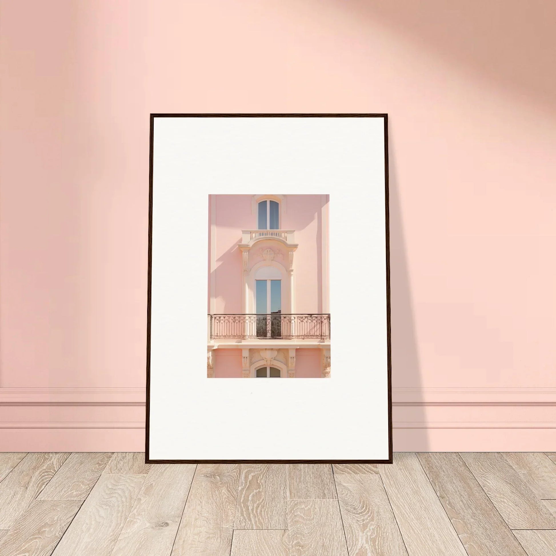 Framed wall art of a pink Mediterranean balcony in the Pink Echoed Dream special edition