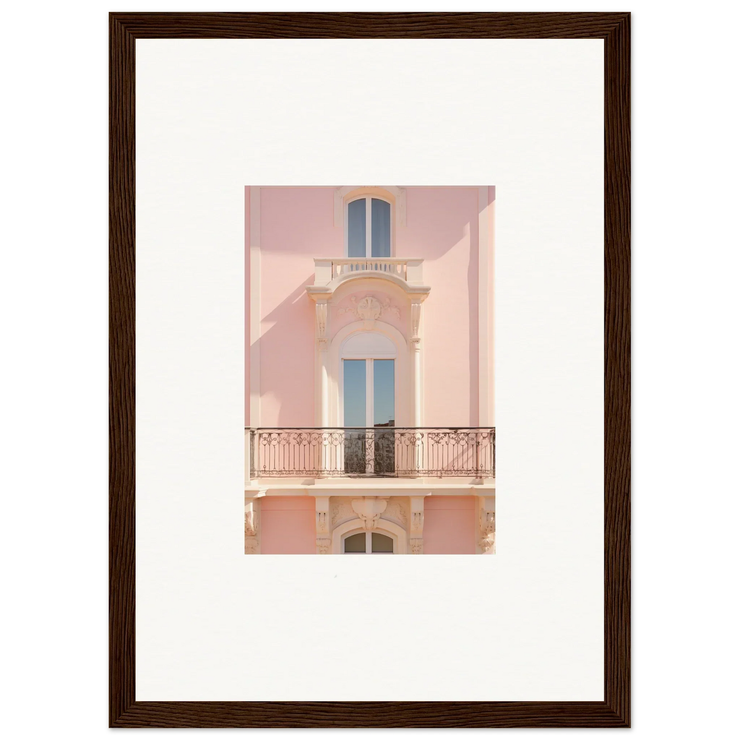 Pink Mediterranean building facade with blue windows for Pink Echoed Dream framed wall art