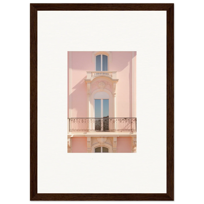 Pink Mediterranean building facade with blue windows for Pink Echoed Dream framed wall art