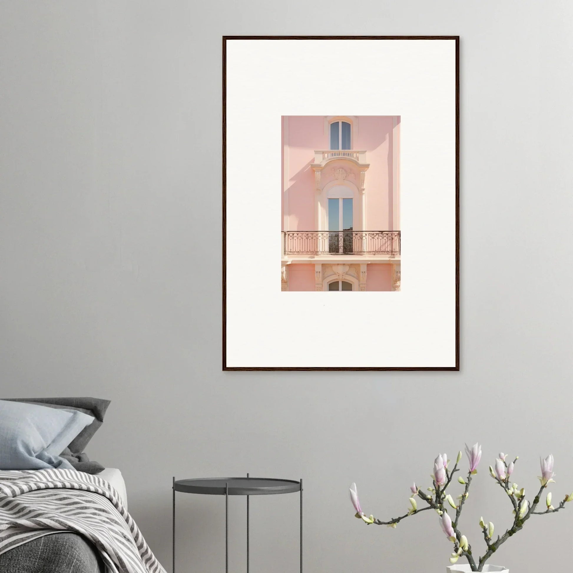 Framed wall art of a pink Mediterranean building from Pink Echoed Dream collection