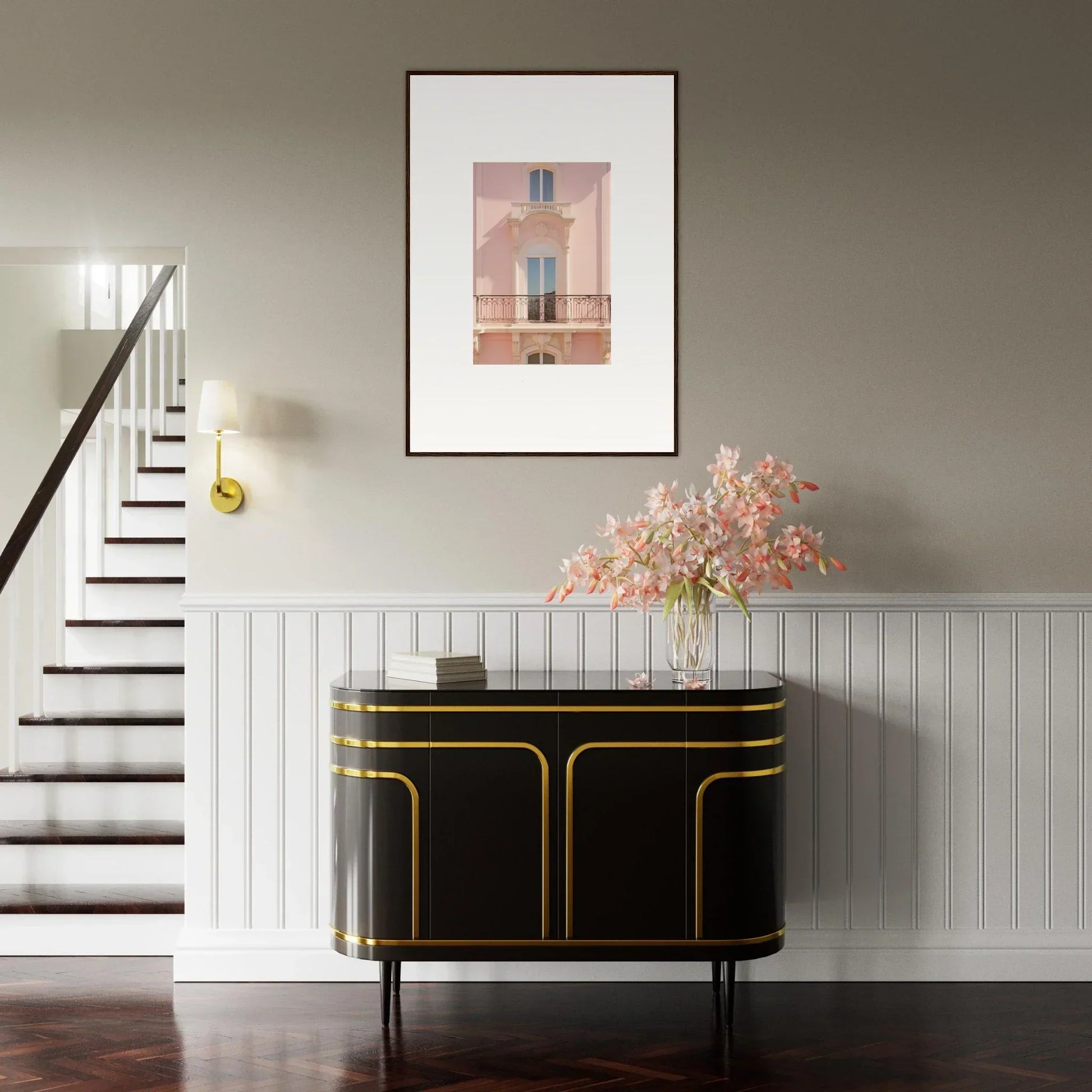 Art Deco black credenza with gold trim in Pink Echoed Dream special edition art™ design