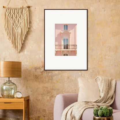 Framed wall art of a pink building with blue accents in Pink Echoed Dream design