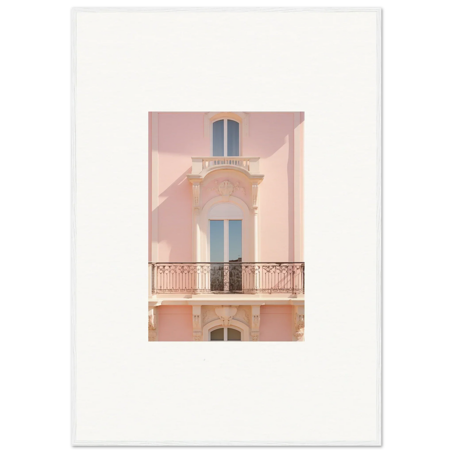 Pink Mediterranean building facade with blue windows, part of Pink Echoed Dream collection